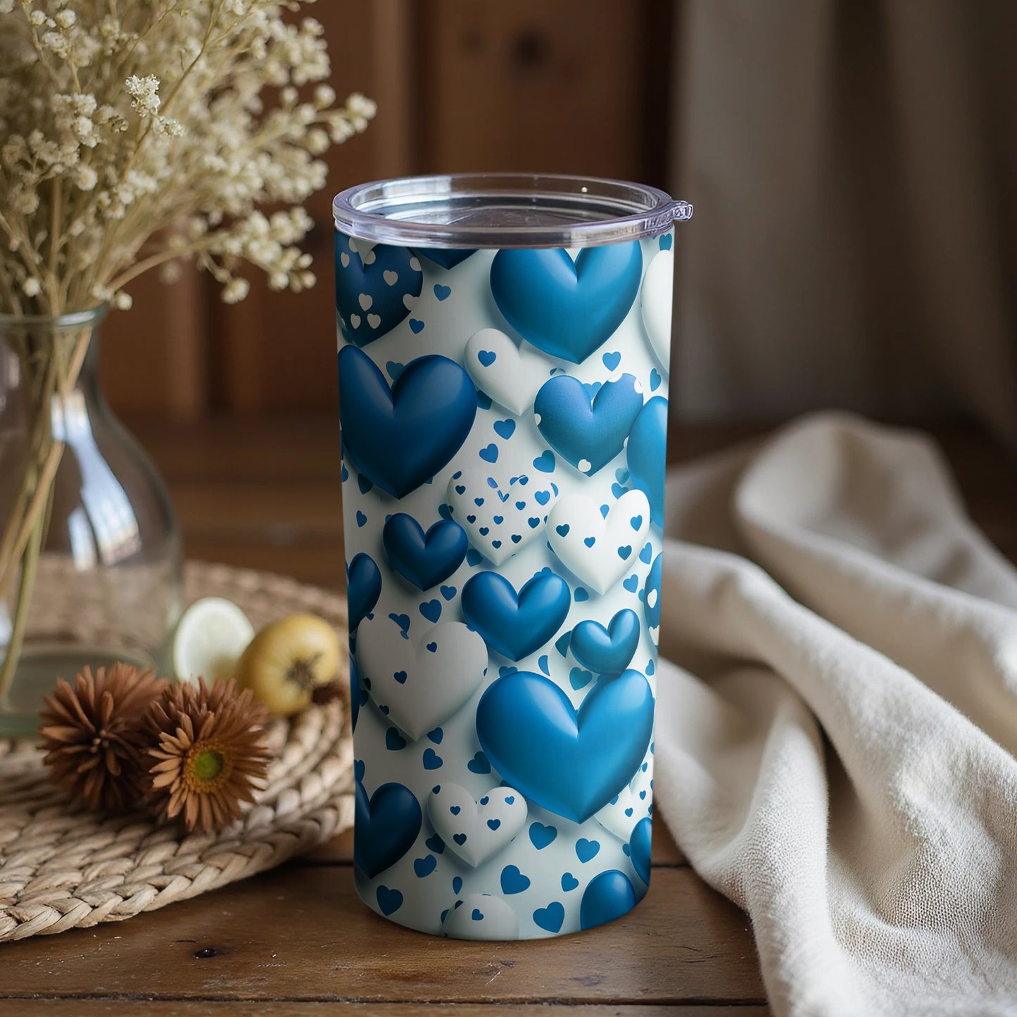Blue Heart Patterned Travel Tumbler Portable Cup