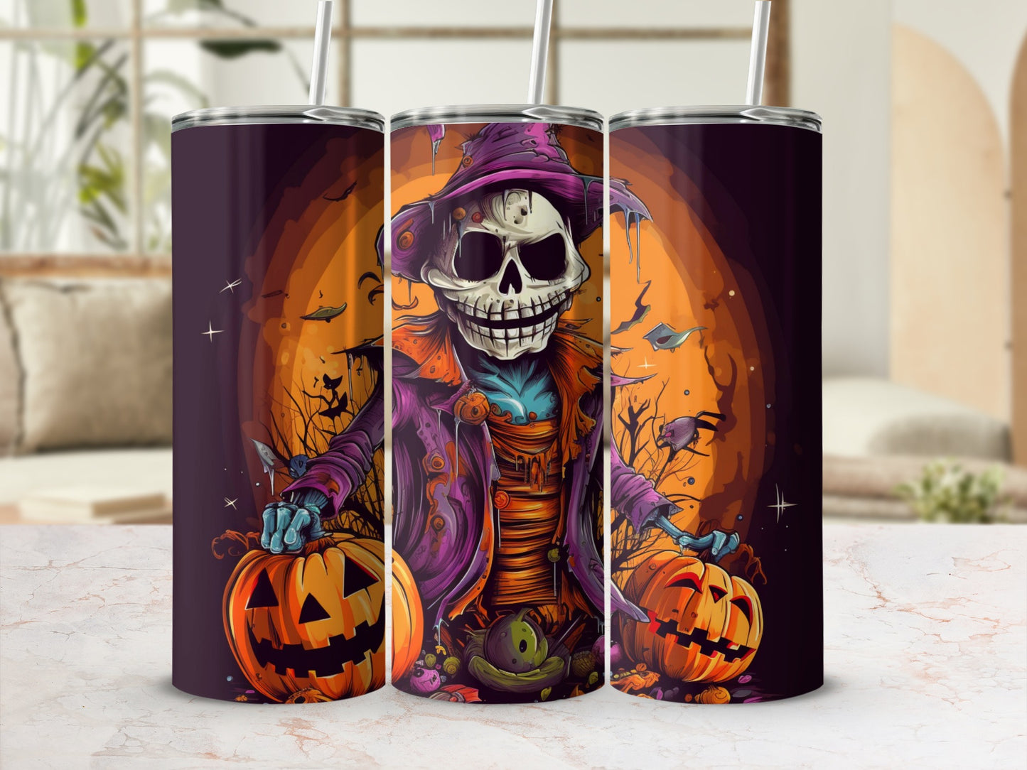Halloween Skeleton and Pumpkins Design Tumbler with Straw