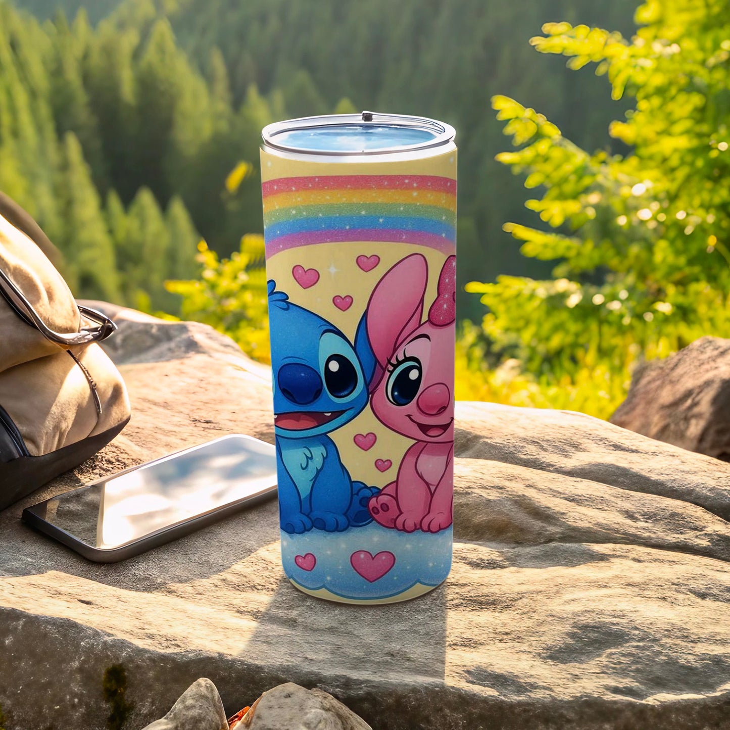 Cute Cartoon Character Travel Mug with Rainbow Hearts