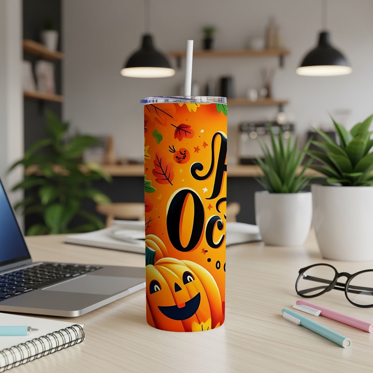 Orange tumbler with happy pumpkin, autumn leaves, and "All October" text.
