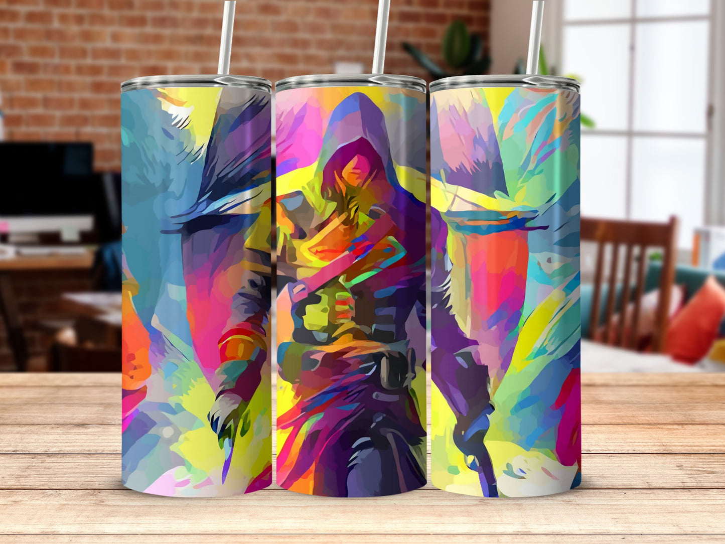 Colorful Hooded Assassin Tumbler with Vibrant Design
