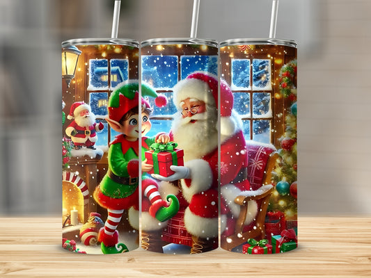 Festive Santa and Elf Christmas Gift Giving Tumbler