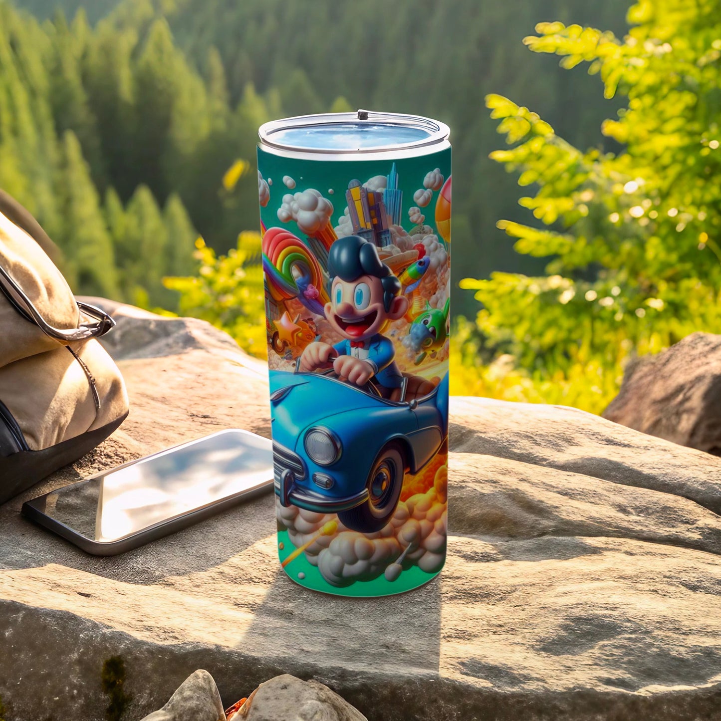 Vibrant Cartoon Character Driving on a Colorful Tumbler