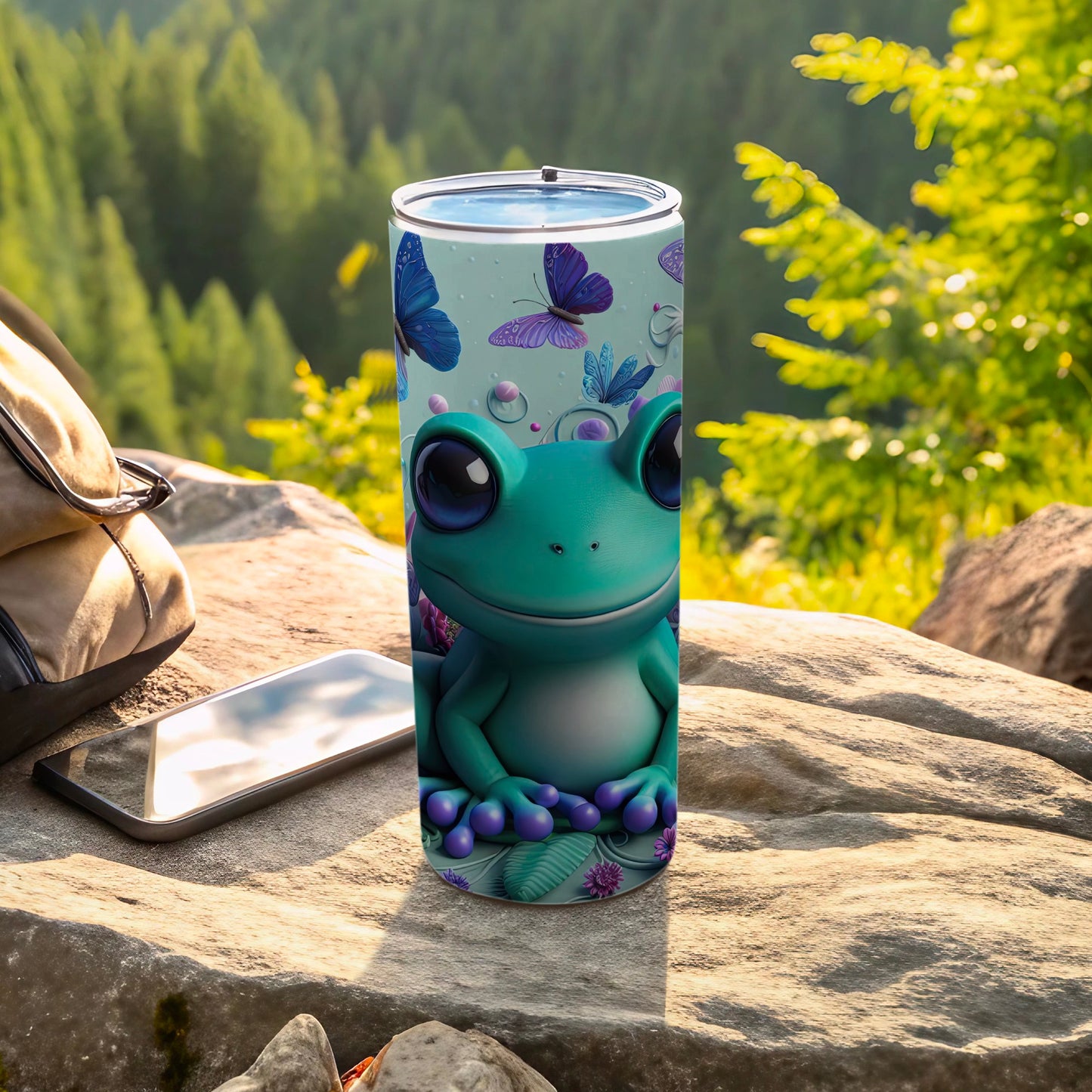 Cute Frog Tumbler with Butterflies and Nature Scene