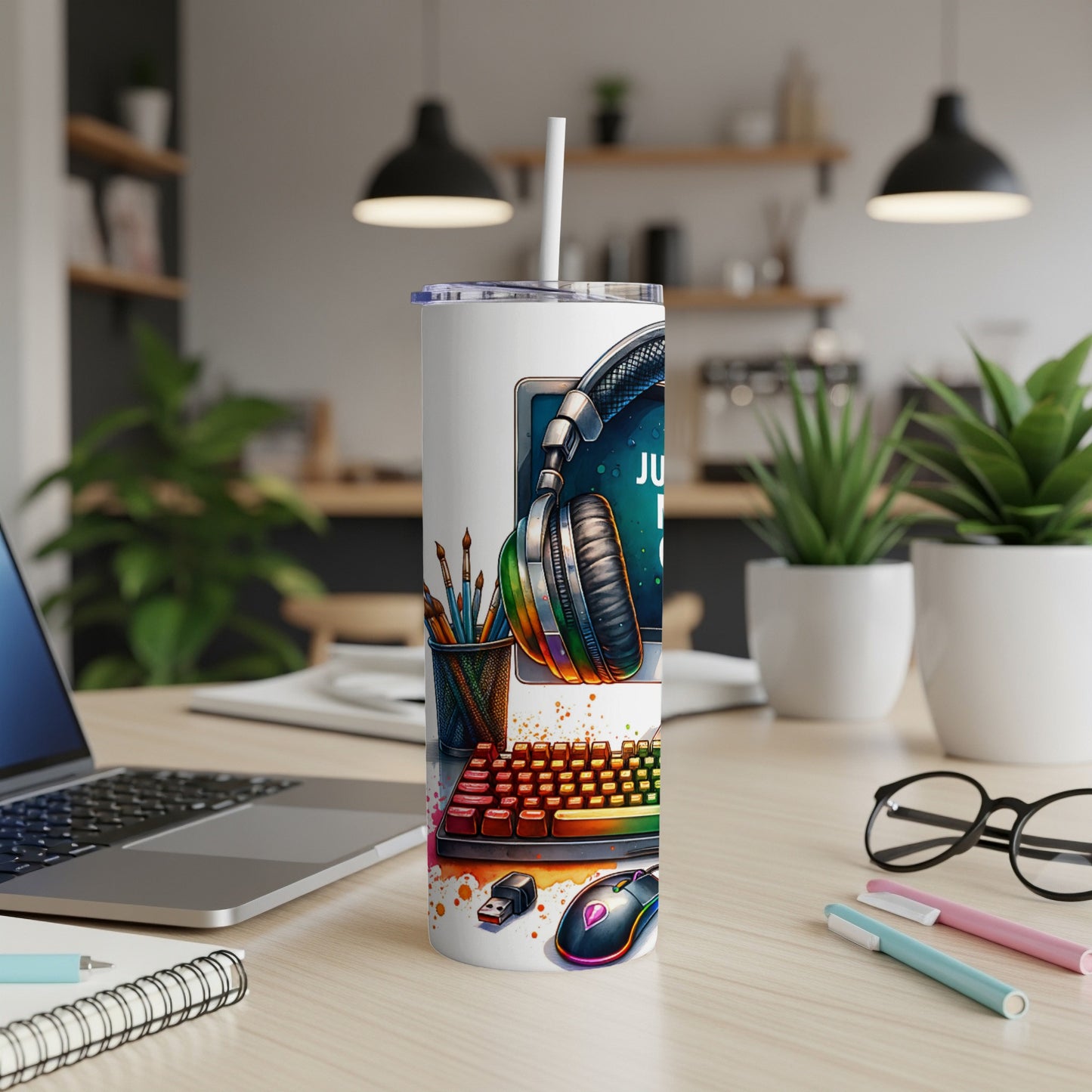 Tumbler with headphones, keyboard, mouse, and "Just for Fun" text.
