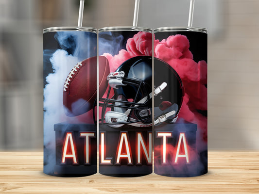 Three tumblers featuring Atlanta Falcons helmet, football, and smoke.