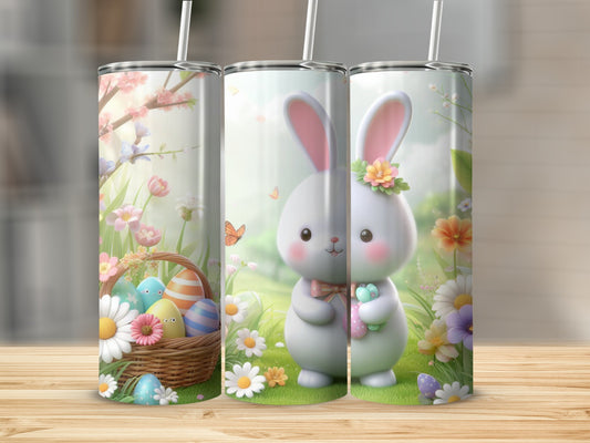 Easter bunny holding flowers next to basket of colorful eggs and spring flowers.