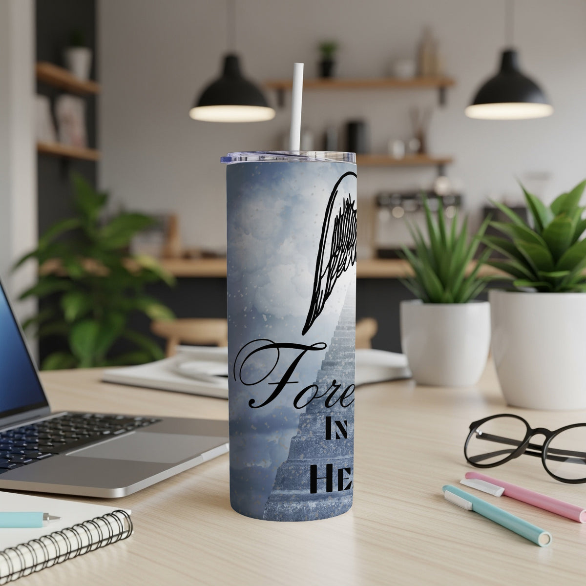 Tumbler with angel wings, stairs to heaven, and "Forever In HE" text.
