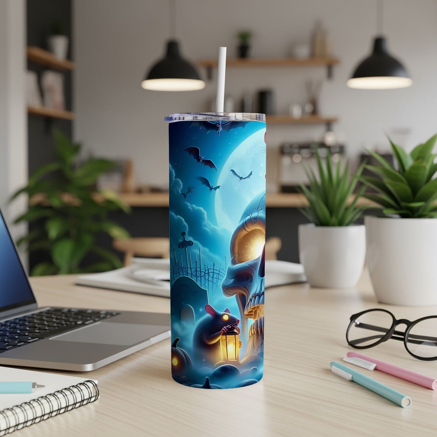 Halloween tumbler with skull, bats, graveyard, and a rat holding a lantern.