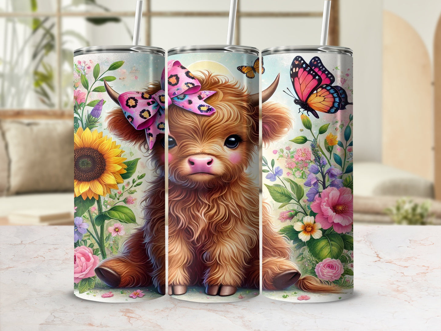 Cute Highland Cow with Flowers and Butterflies Tumbler