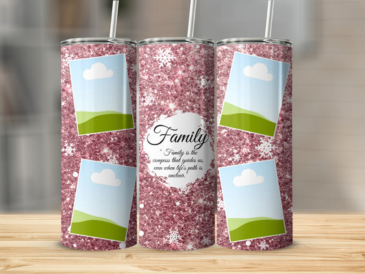 Three glittery pink tumblers with photo placeholders and "Family" quote.