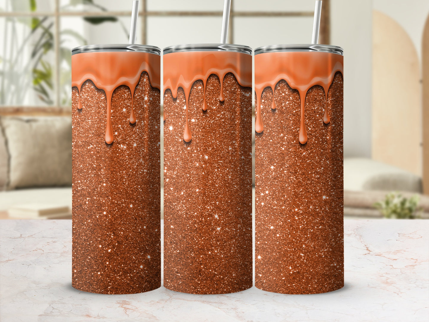 Glittery Orange Dripping Design Tumbler Product