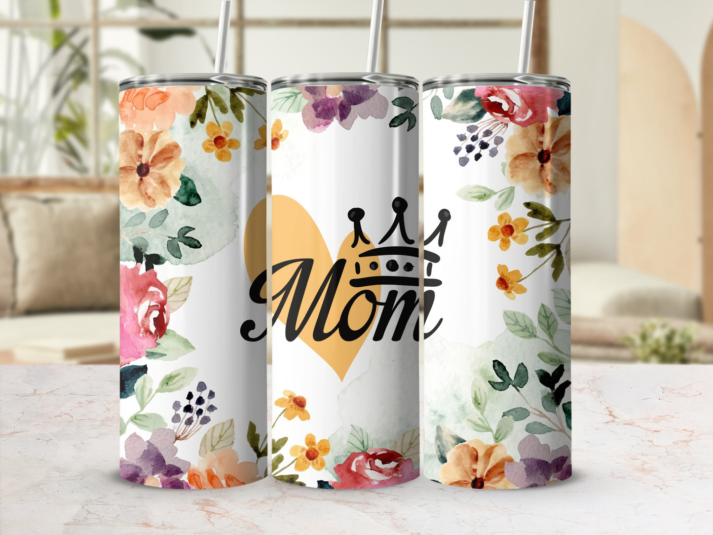 Floral Mom Themed Tumbler With Straw Stainless Steel