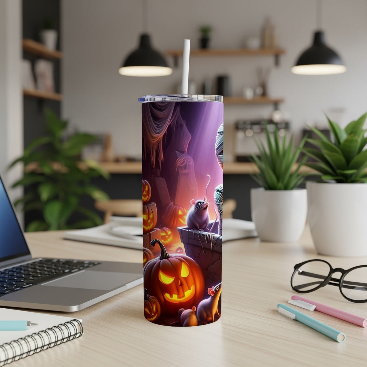 Halloween tumbler with spooky scene, jack-o'-lanterns, mummy, and mice.