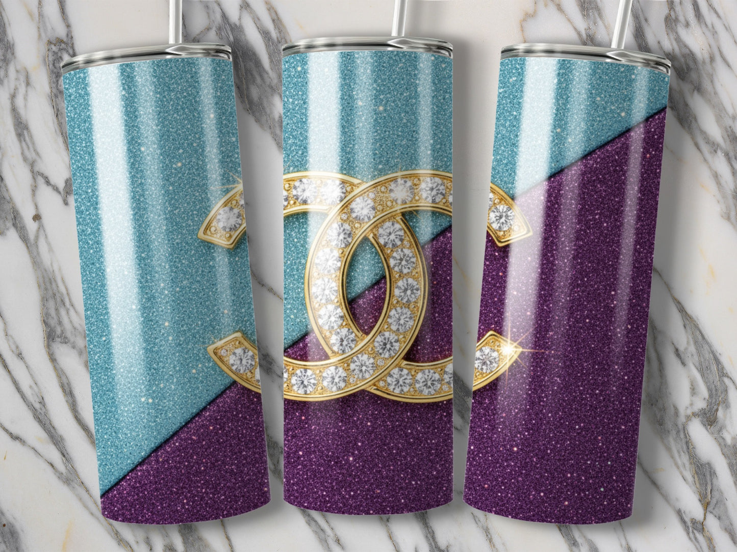 Gold Glitter Overlap Design Against Two Toned Backdrop Tumbler