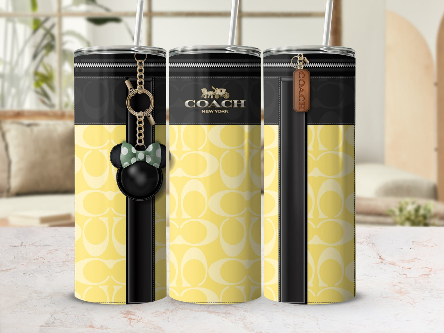 Stylish Yellow Coach Theme Tumbler with Keychain Accessory