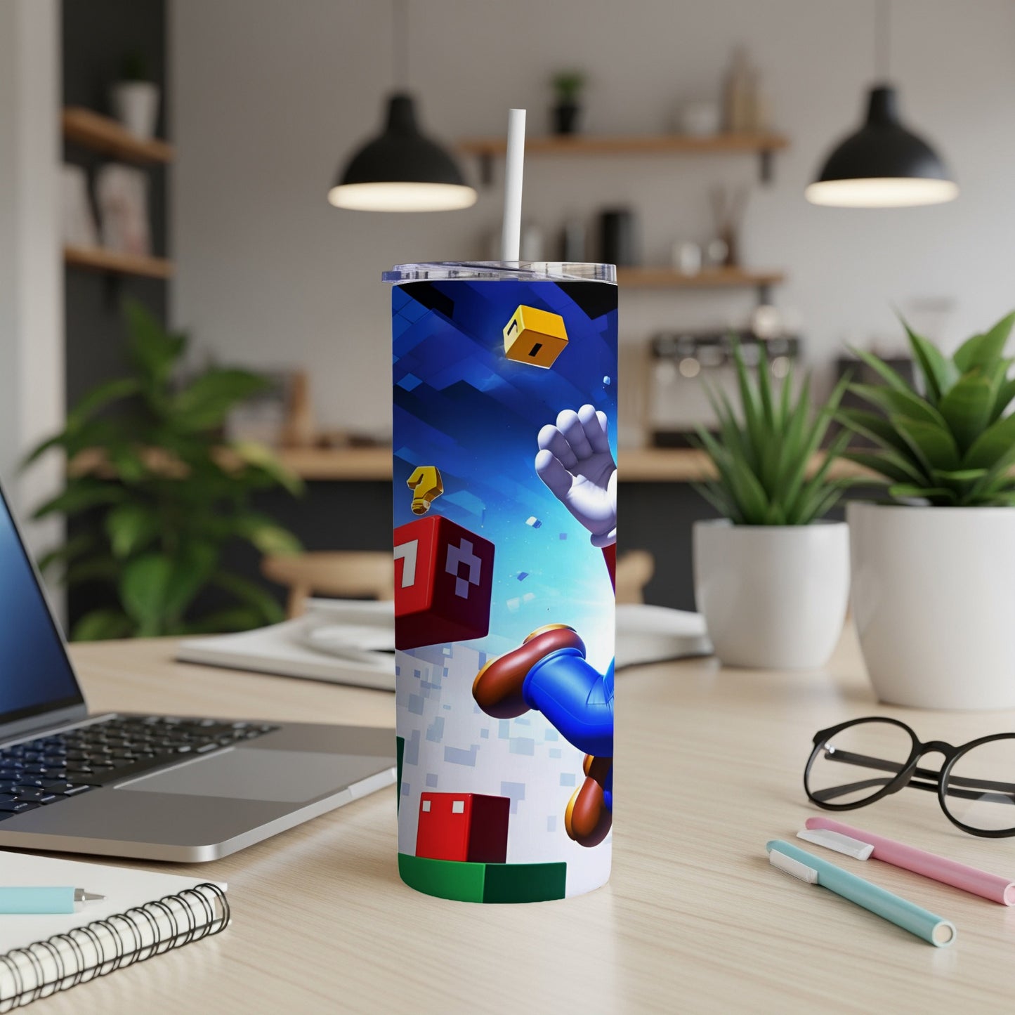 Mario character jumping, reaching for a question block, on a tumbler.