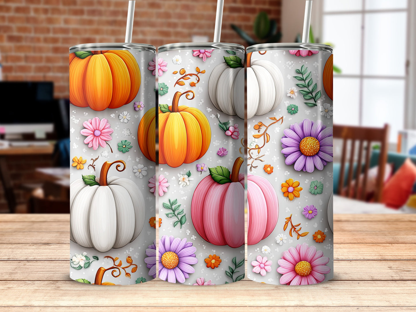 Colorful Pumpkin and Flower Themed Tumbler
