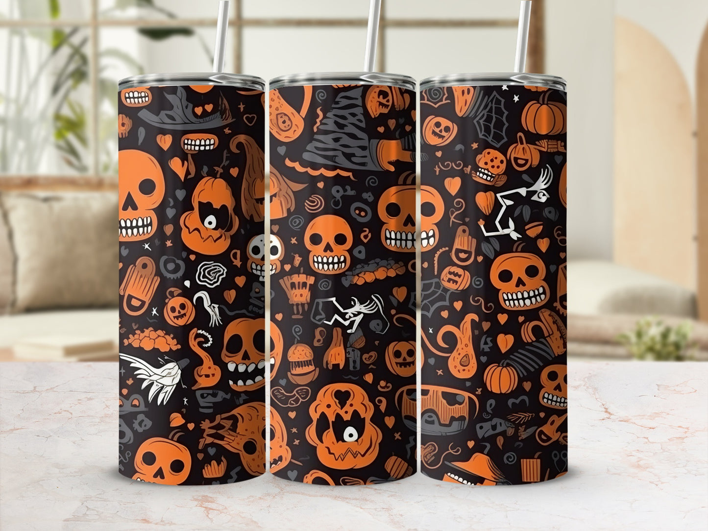 Spooky Halloween Skull and Pumpkin Pattern Tumbler
