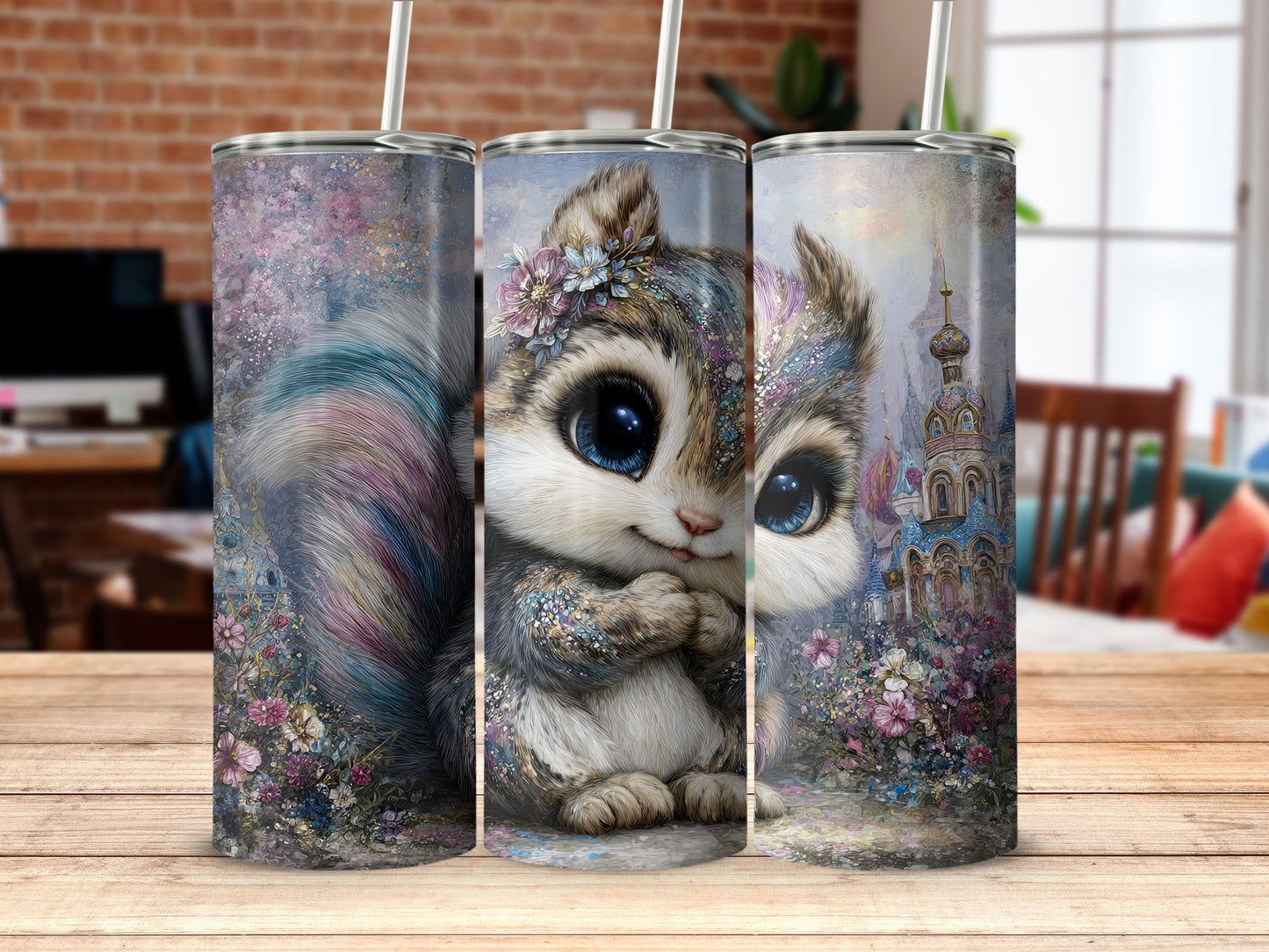Cute Fantasy Squirrel Tumbler with Straw and Whimsical Design