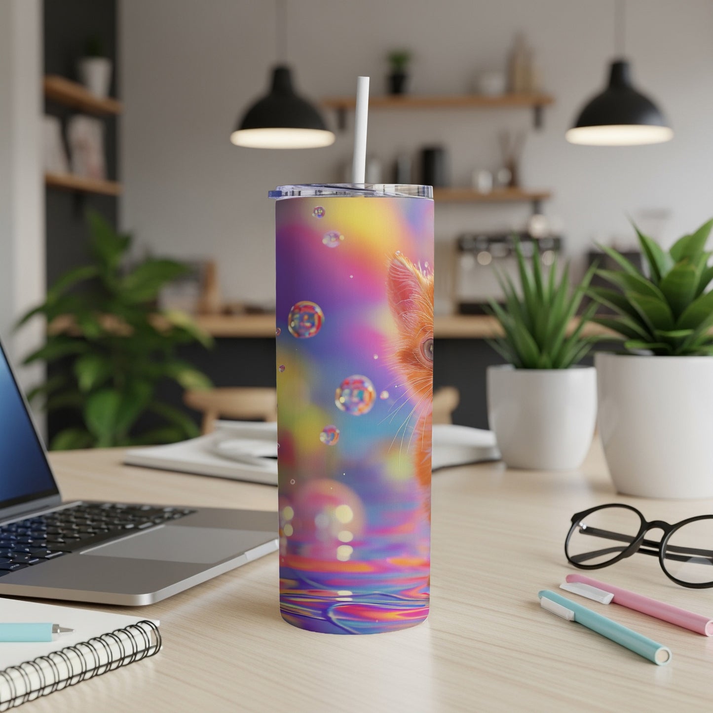 Colorful tumbler with a cat's eye and bubbles on a desk.