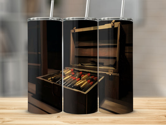 Three tumblers displaying a vintage ammunition box filled with bullets.