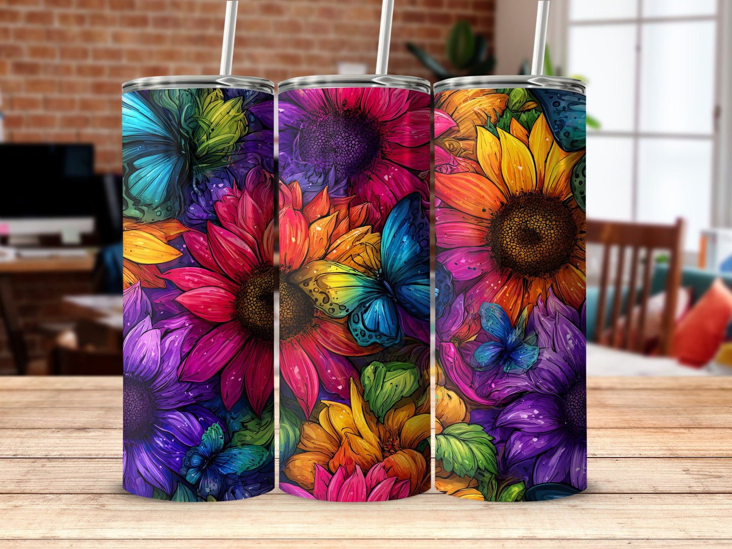 Floral Butterfly Tumblers with Vibrant Colors design