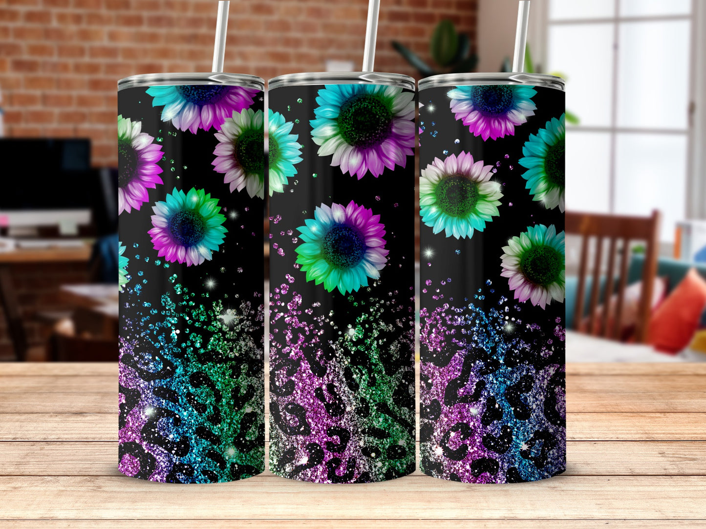 Vibrant Floral Tumblers with Colorful Sparkle Design