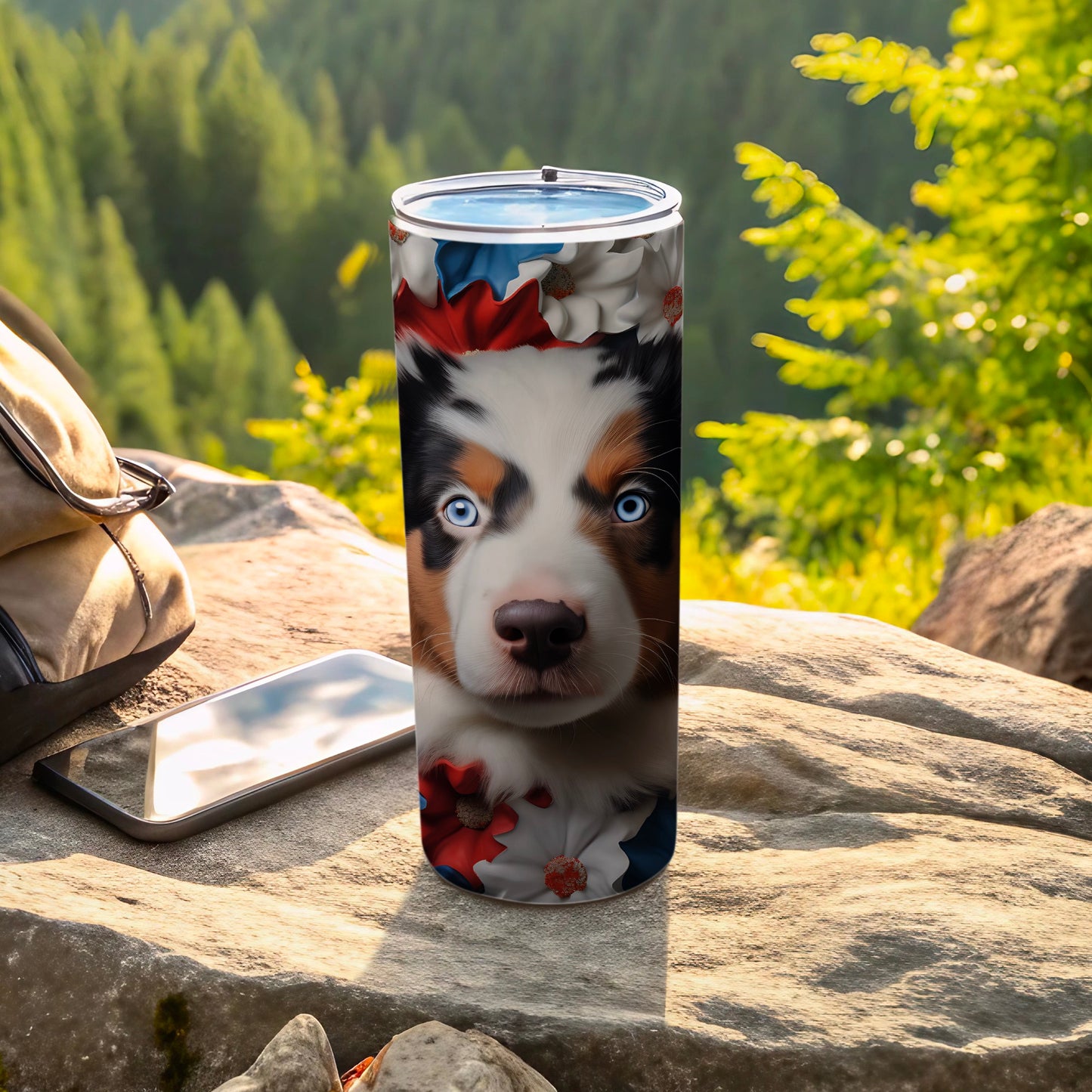 Tumbler with Australian Shepherd dog portrait and floral pattern.