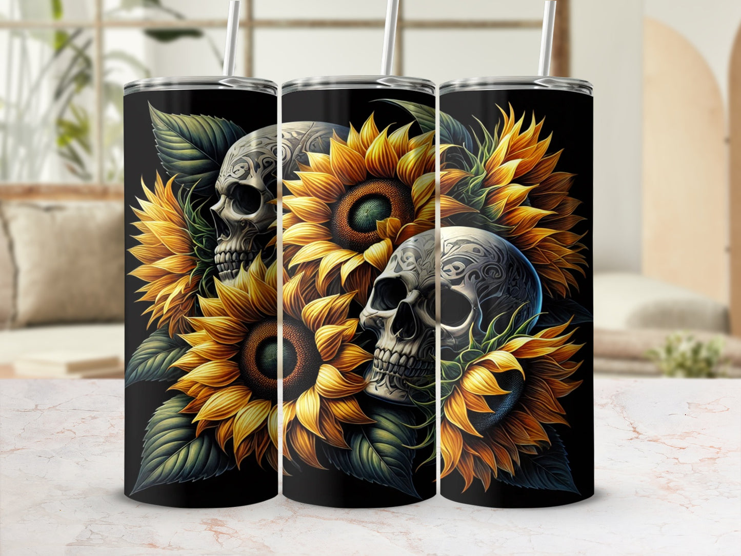 Sunflower and Skull Artwork Stainless Steel Tumbler
