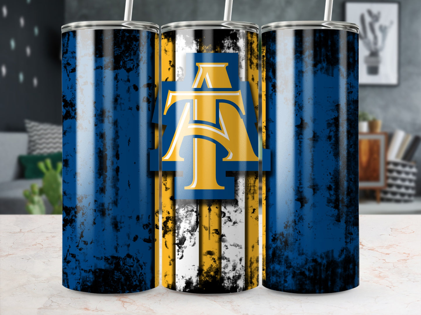 Distressed Blue and Gold Double Wall Insulated Tumbler