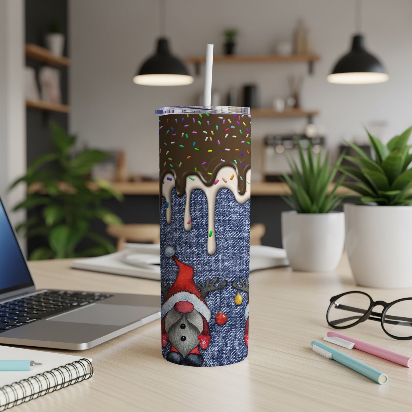 Denim tumbler with Christmas gnome, reindeer, and chocolate drip design.