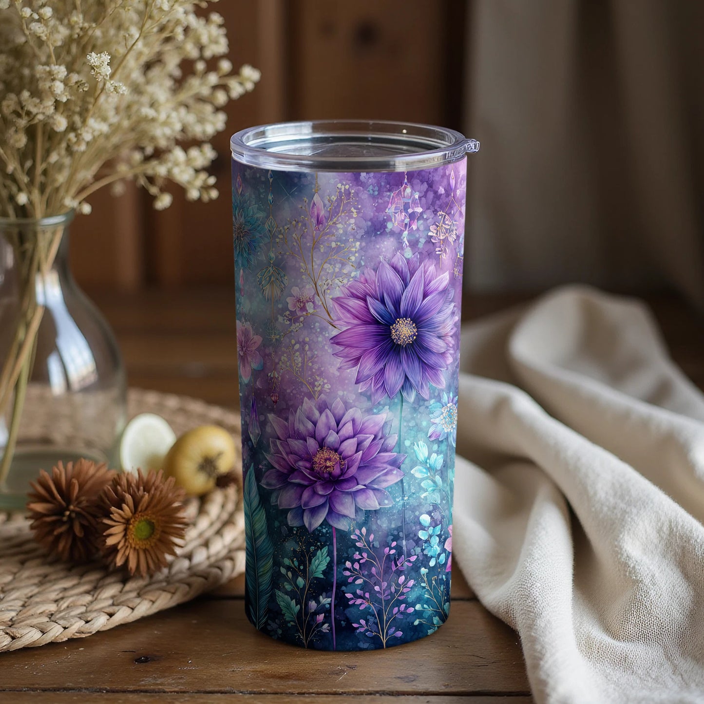 Purple Botanical Floral Tumbler with Lid for Beverages