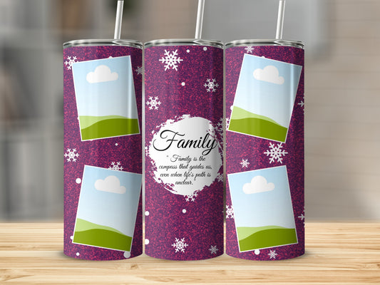 Tumblers with a purple glitter design, snowflakes, photo frames, and the quote "Family is the compass that guides us."