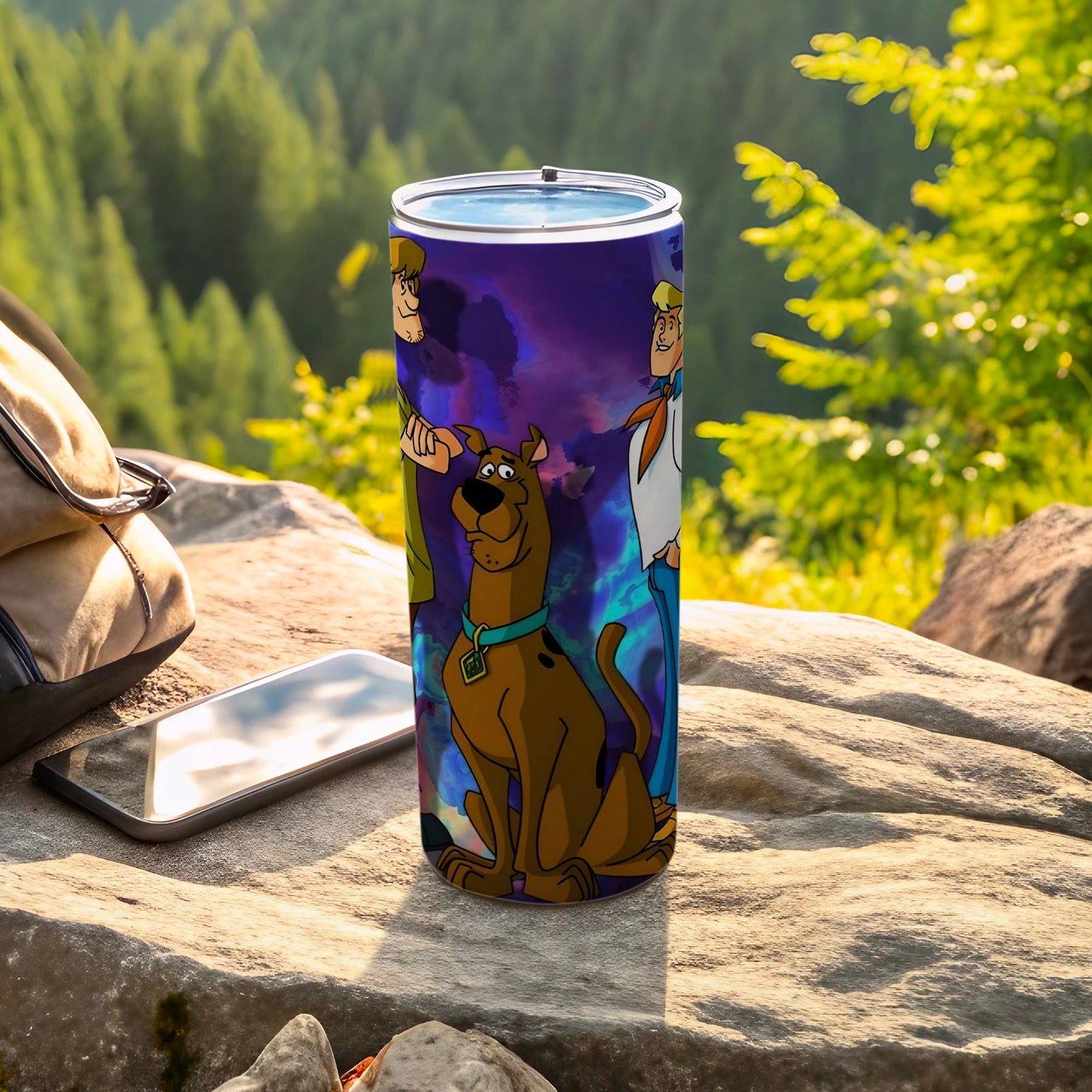 Scooby-Doo and Mystery Inc. characters on a blue and purple abstract background on a tumbler.