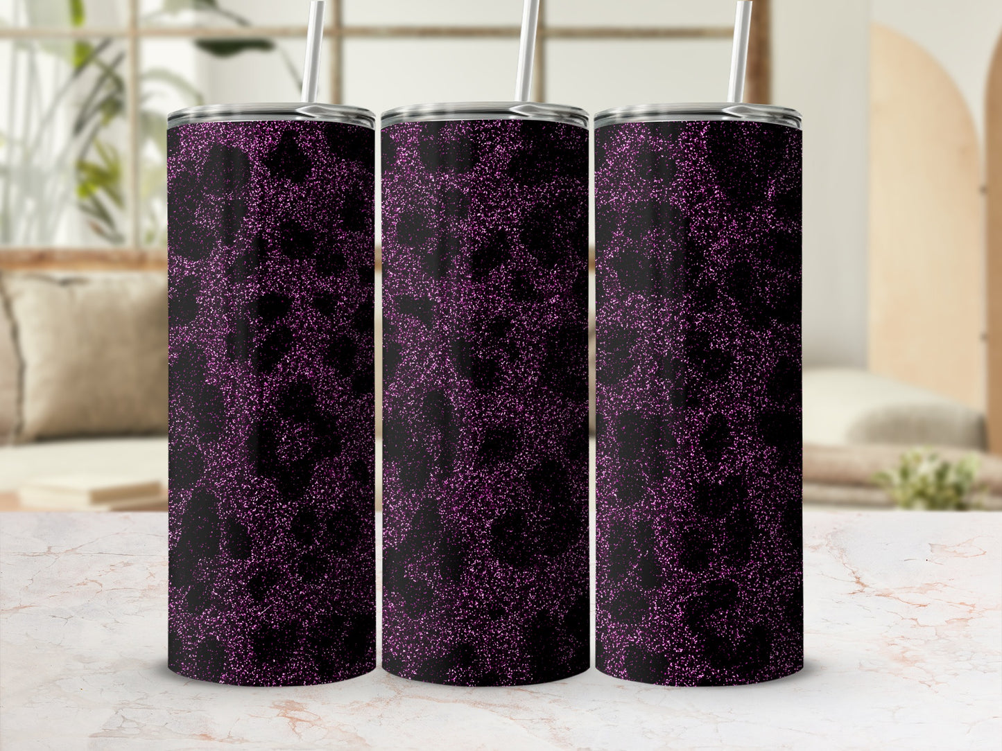 Glitter Purple Leopard Print Insulated Tumbler Flask