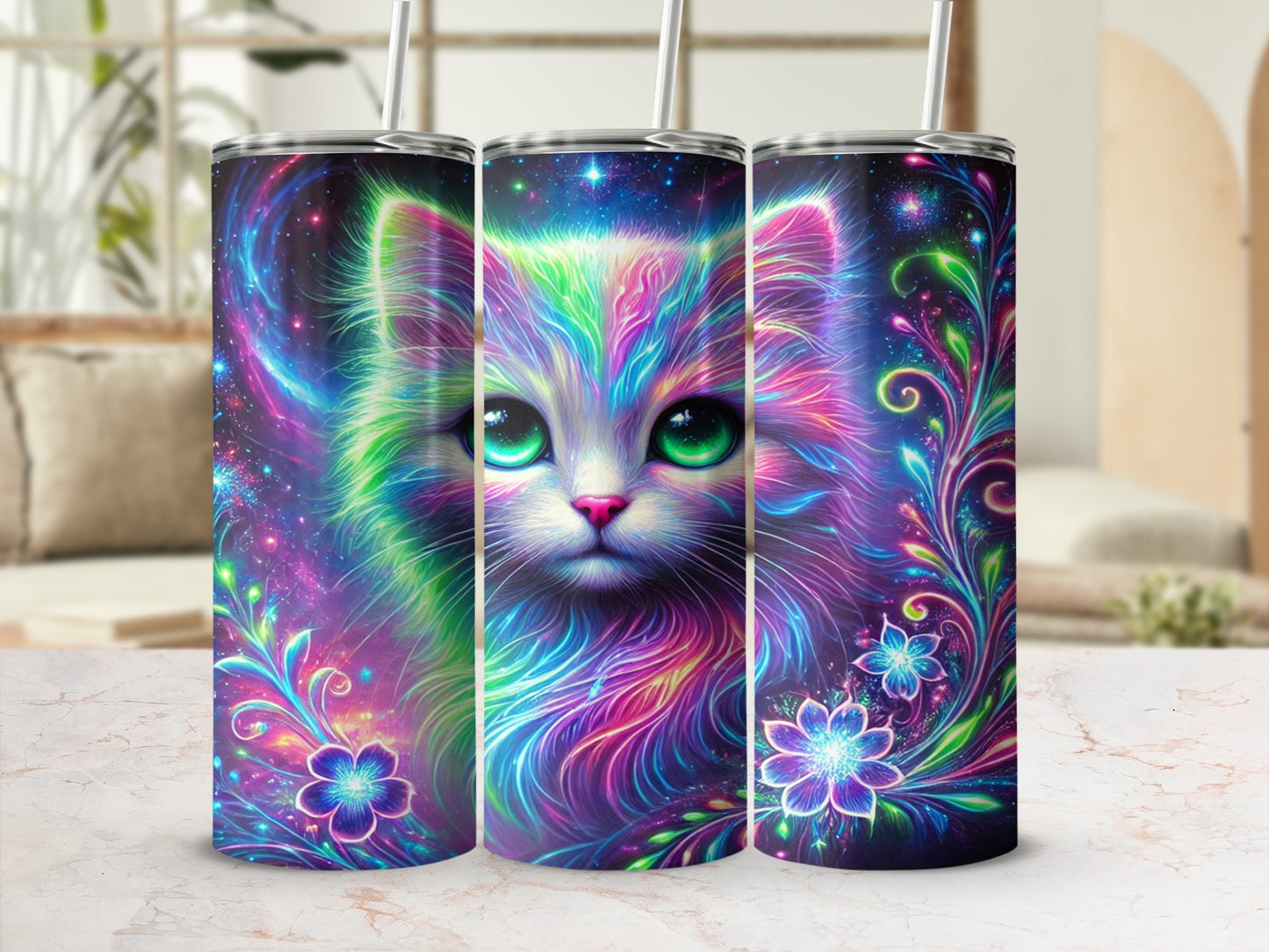 Neon Rainbow Fantasy Cat with Floral Design Tumbler