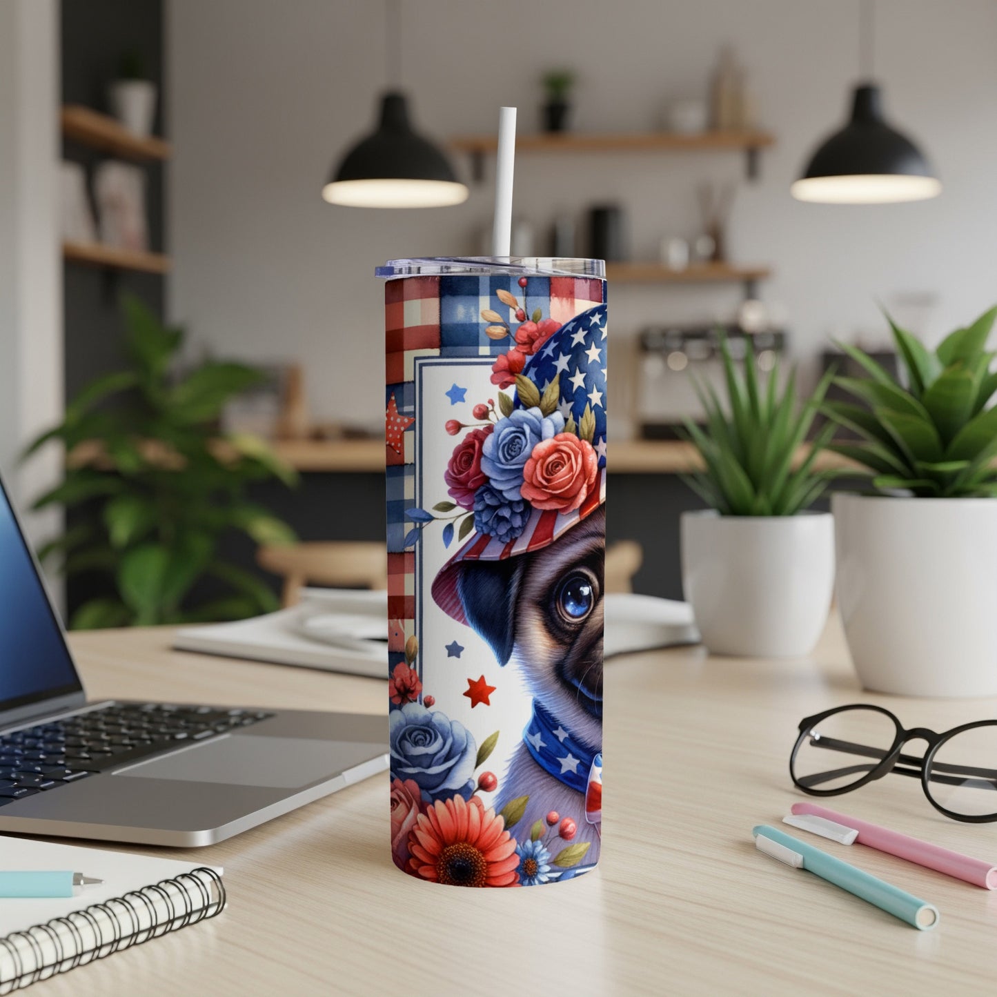 Pug wearing patriotic hat and bandana on a tumbler with flowers.