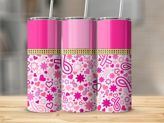 Three pink tumblers with breast cancer ribbon and heart patterns.