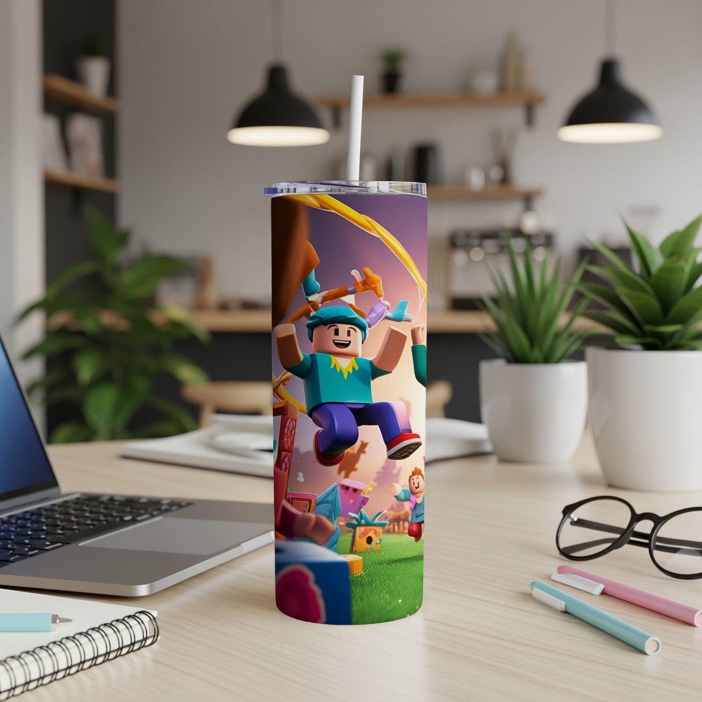 Roblox characters with a tumbler on a desk with a laptop and plant.