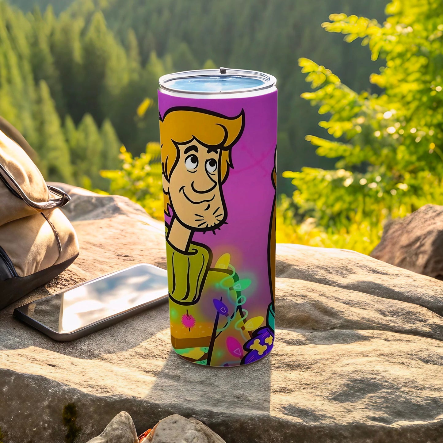 Scooby-Doo character Shaggy Rogers on a purple tumbler with colorful lights.
