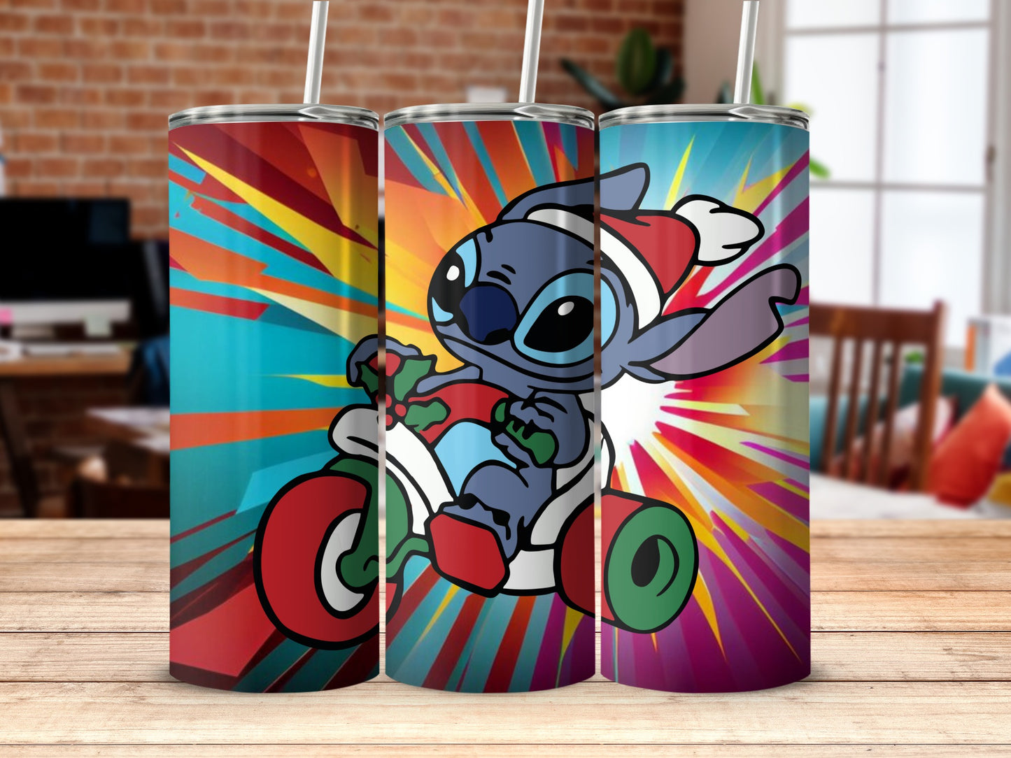Stitch Riding Trike with Santa Hat Tumbler