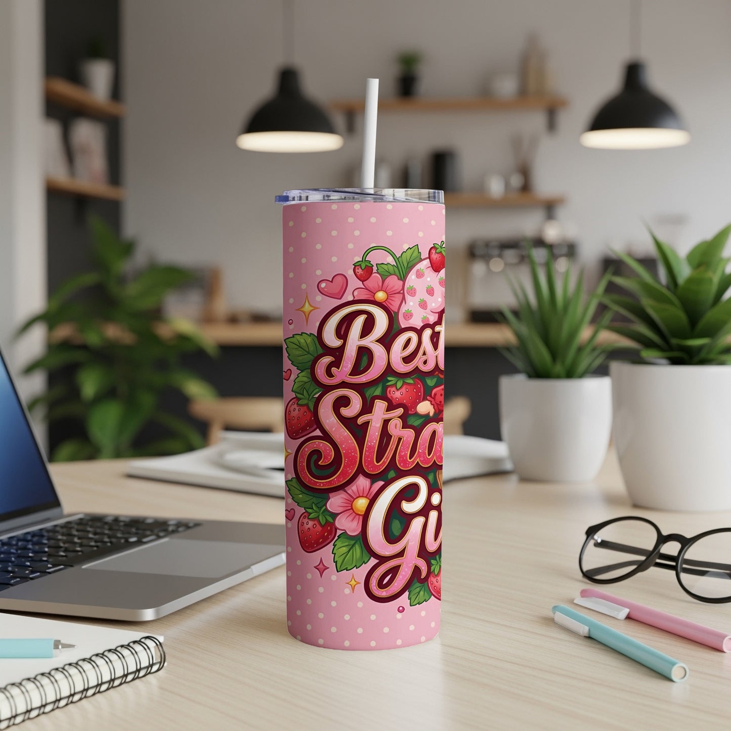 Pink tumbler with "Best Strawberry Girl" text and strawberry designs.