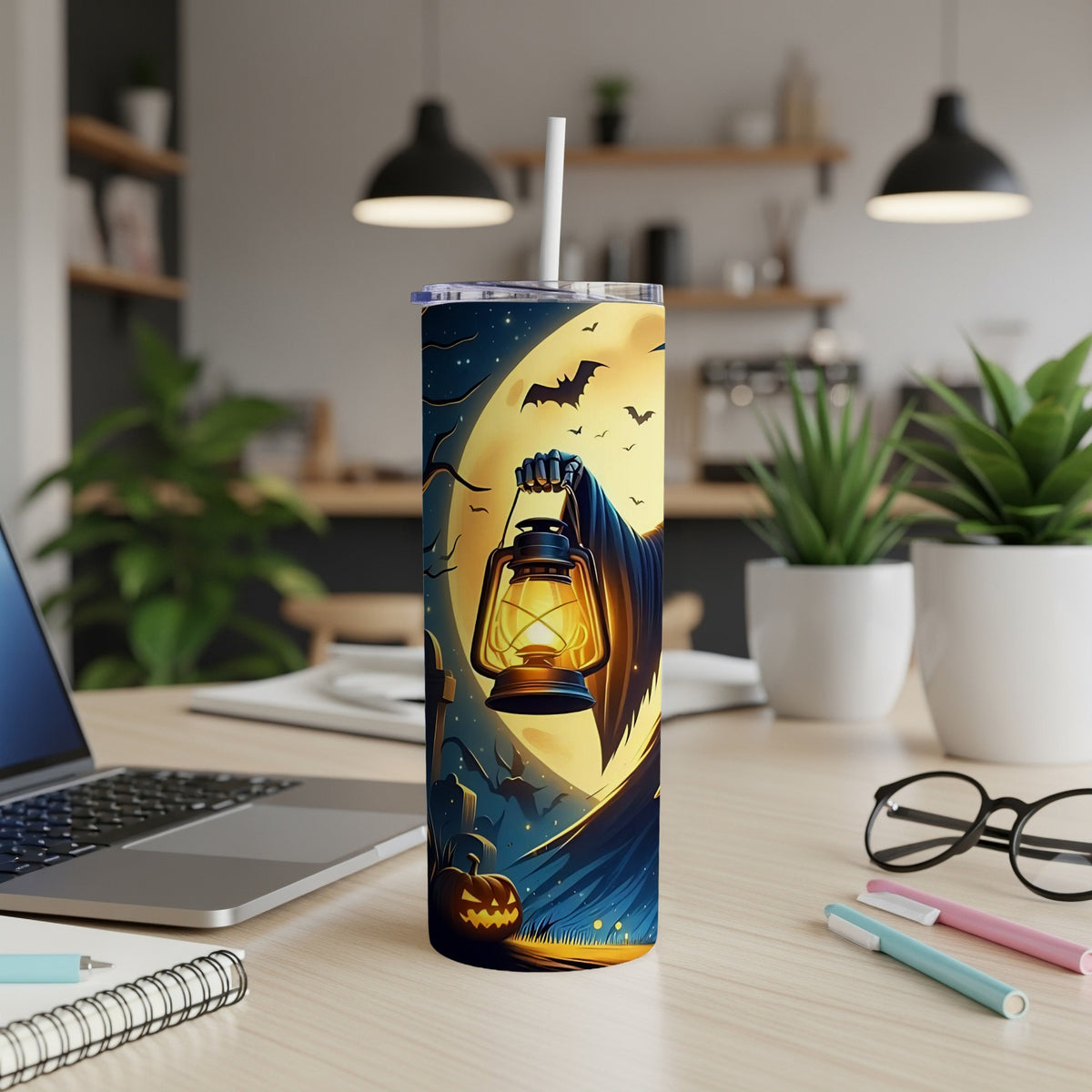 Halloween tumbler with a grim reaper holding a lantern under a full moon.