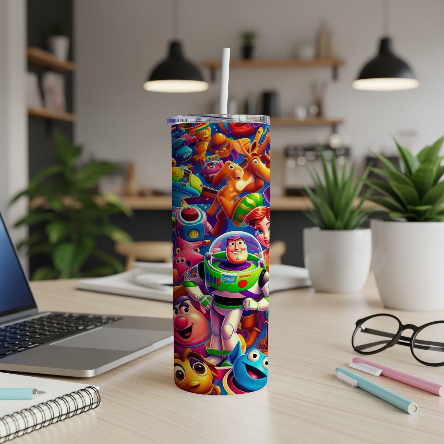 Buzz Lightyear and friends characters on a tall, skinny tumbler.