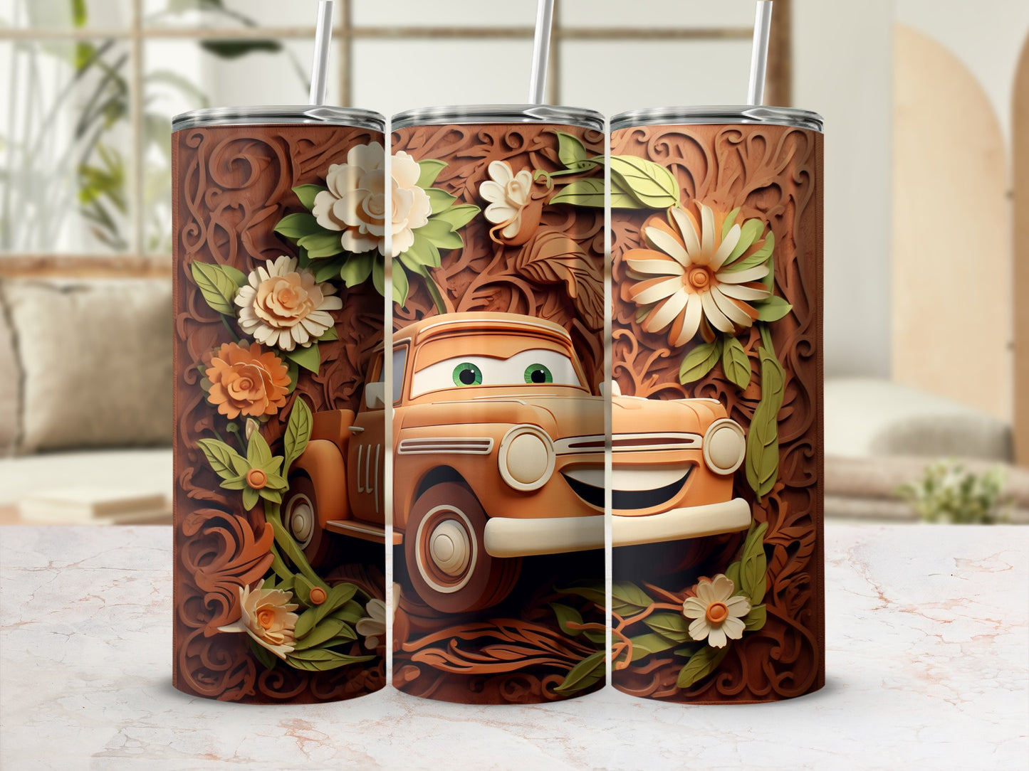 Retro Car Tumbler with Floral Design Travel Mug