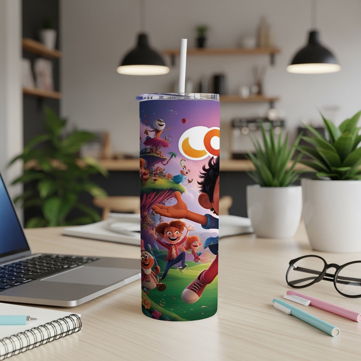 Animated characters from a vibrant cartoon on a colorful skinny tumbler.