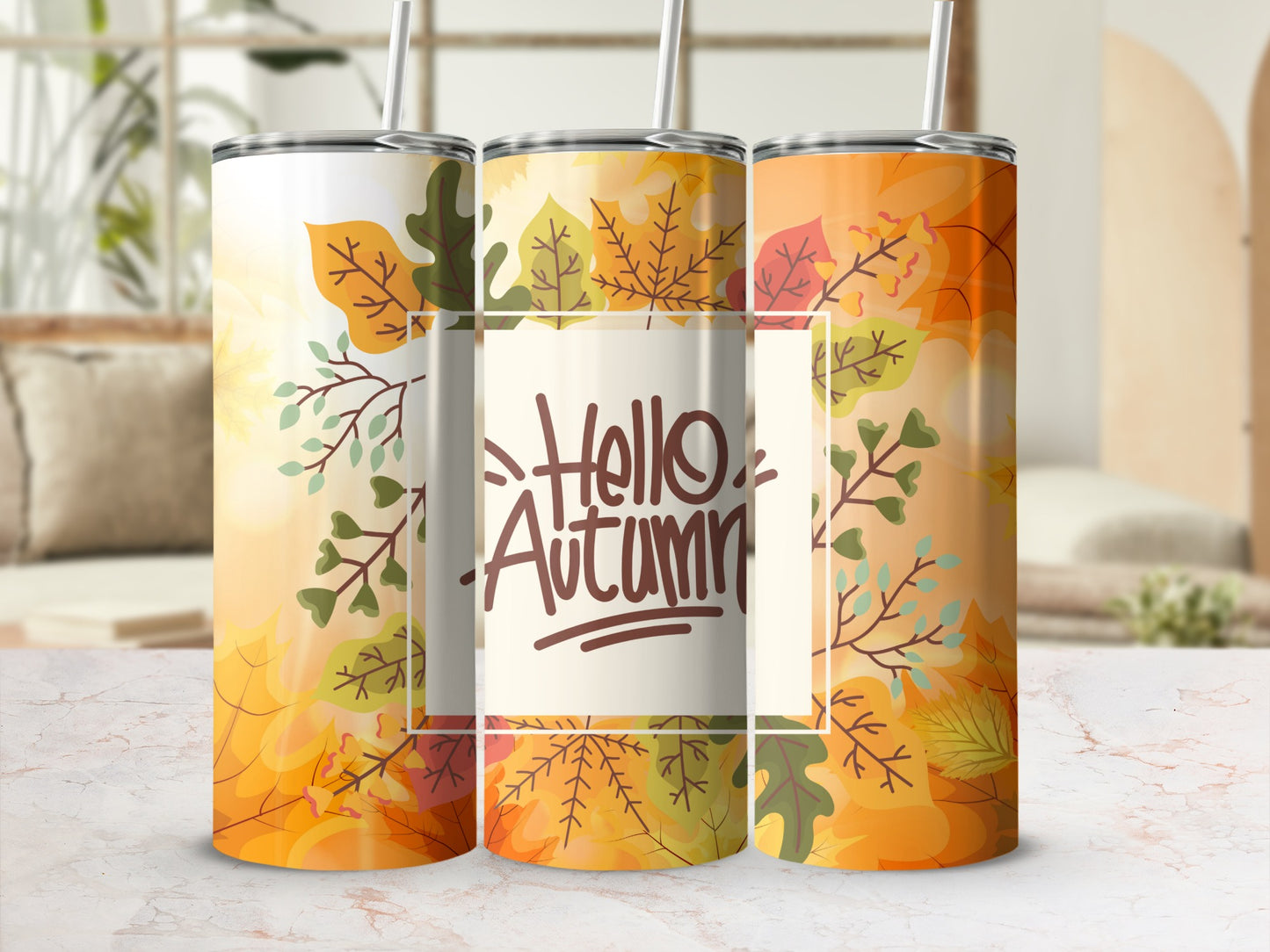 Hello Autumn Fall Leaves Insulated Tumbler Cup