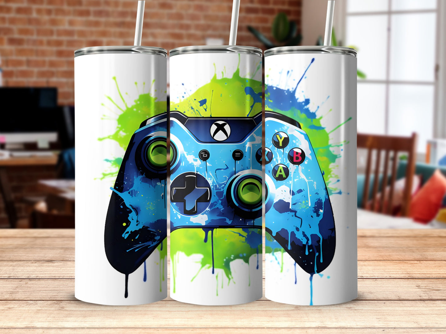Vibrant gamer themed tumbler with vivid controller design