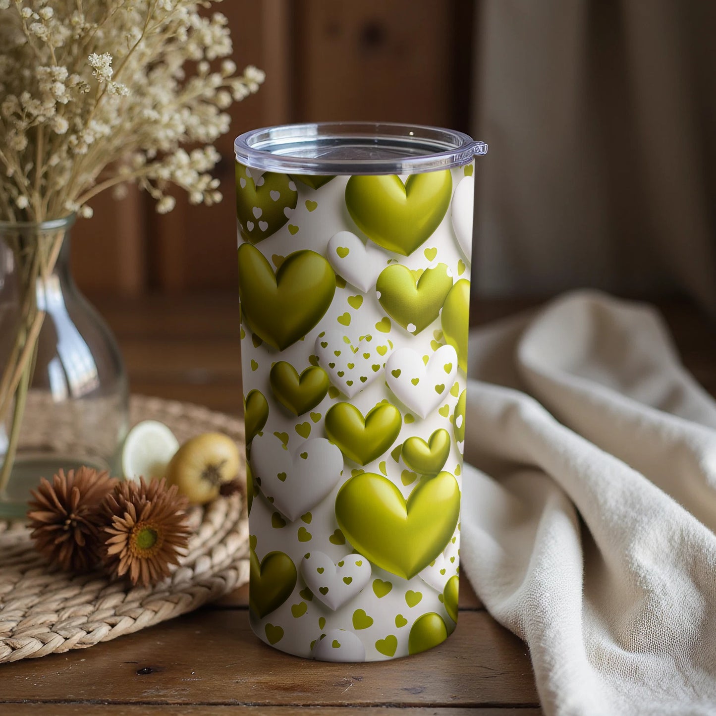 Green and White Heart Pattern Insulated Tumbler
